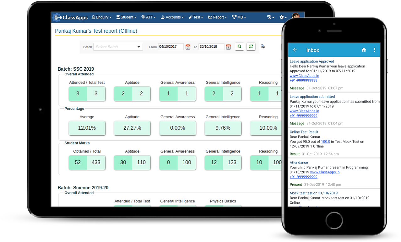 classapps student and parent dashboard for exam, results, assignments, notification for coaching center